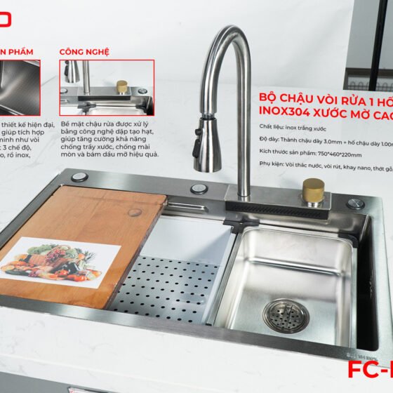 FC-B7546 | BỘ CHẬU VÒI RỬA 1 HỐ THÁC NƯỚC INOX304 XƯỚC MỜ CAO CẤP