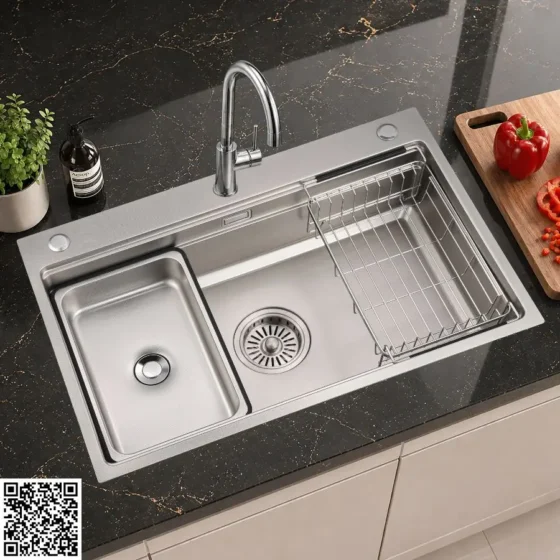 Chậu Rửa Bát 1 Hố Dương Bàn Có Hạt Điện Phân Màu Bạc Chống Xước