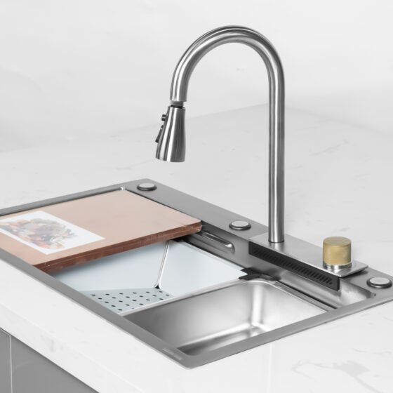 FC-B7546 | BỘ CHẬU VÒI RỬA 1 HỐ THÁC NƯỚC INOX304 XƯỚC MỜ CAO CẤP
