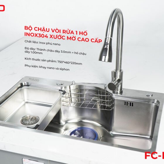 FC-D7546 | BỘ CHẬU VÒI RỬA1 HỐ INOX304 XƯỚC MỜ CAO CẤP