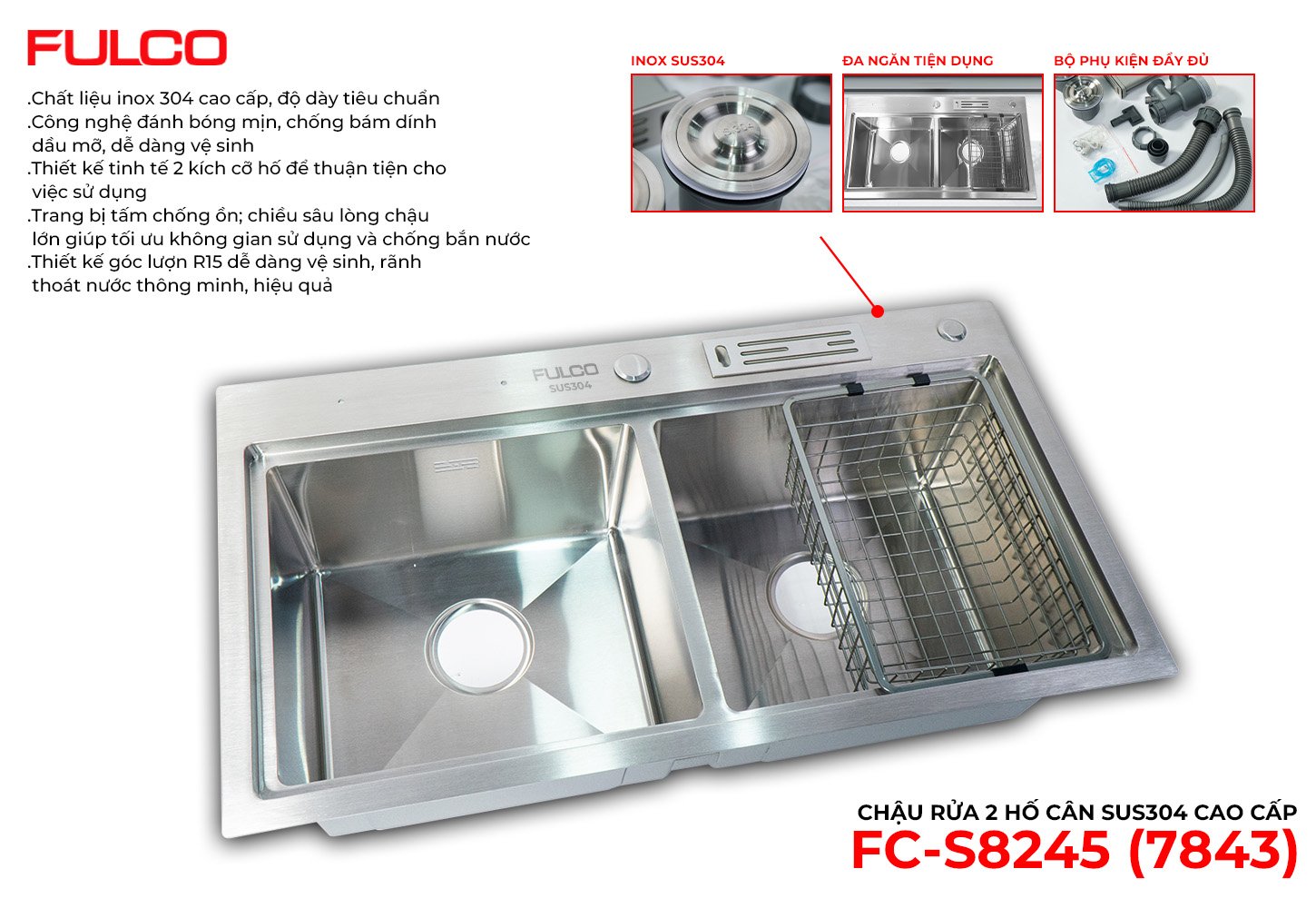 FC-S8245 (7843) | CHẬU RỬA 2 HỐ CÂN SUS304 CAO CẤP