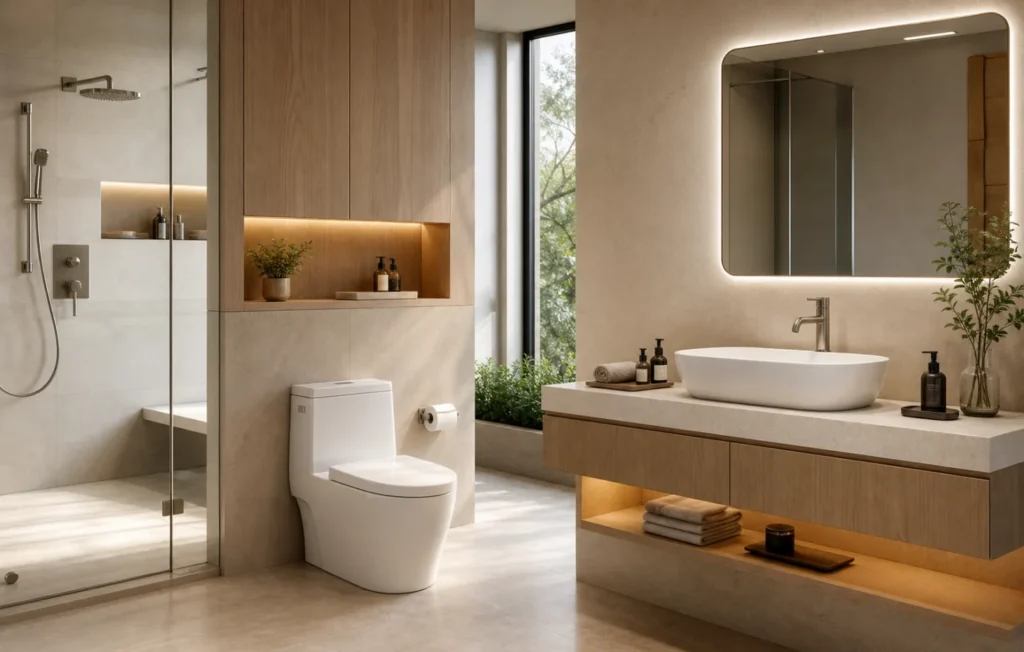 Không gian phòng tắm hiện đại với lavabo và thiết bị vệ sinh