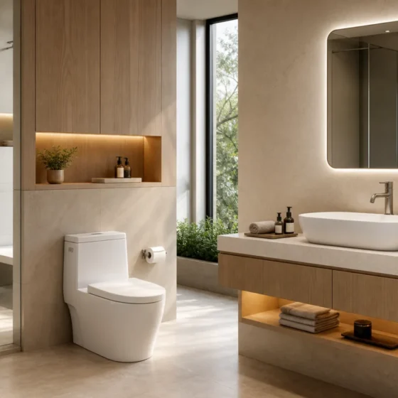 Không gian phòng tắm hiện đại với lavabo và thiết bị vệ sinh