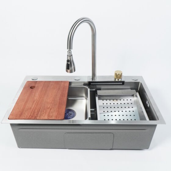 FC-B7546 | BỘ CHẬU VÒI RỬA 1 HỐ THÁC NƯỚC INOX304 XƯỚC MỜ CAO CẤP