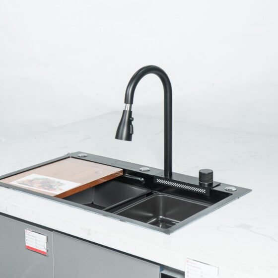 FC-B7546 | BỘ CHẬU VÒI RỬA 1 HỐ THÁC NƯỚC NANO ĐEN CAO CẤP